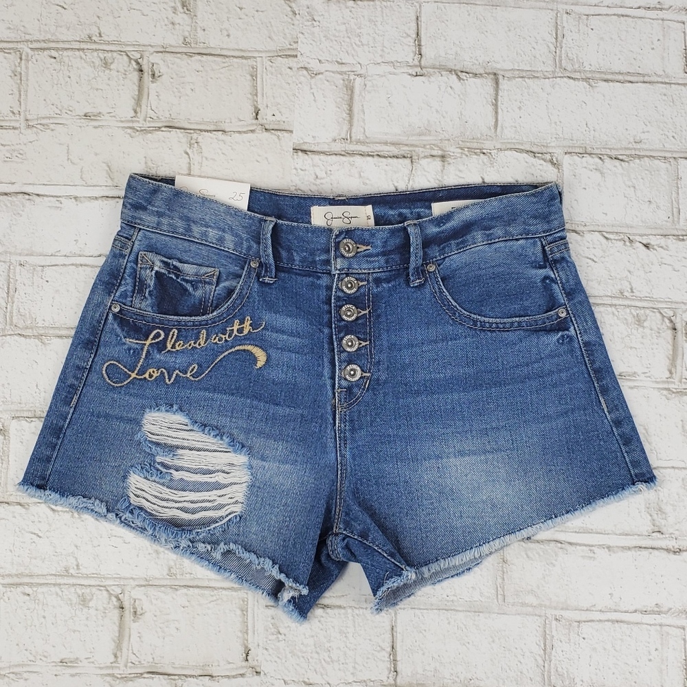 Jessica Simpson High Rise Button Fly Cut Off Ranger Hollywood Jean Short 25 NWT